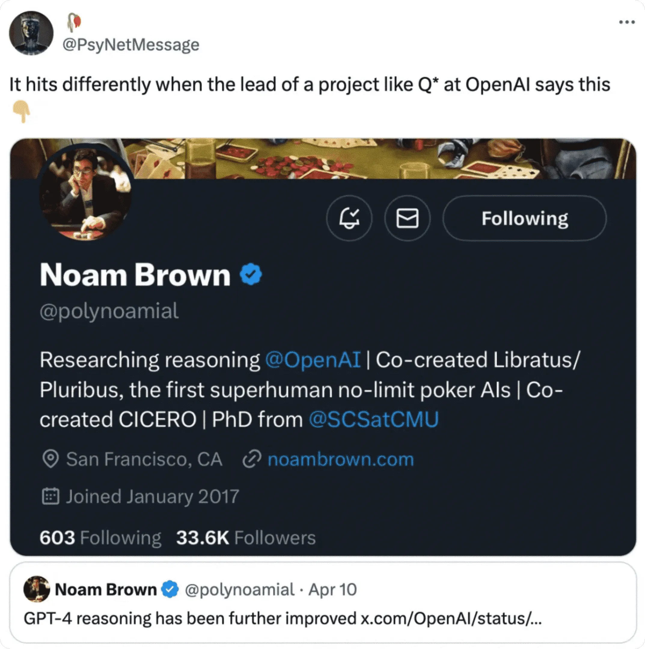 Noam Brown也发推表示新版GPT-4 Turbo在推理能力上大幅提升——要知道,这位OpenAI科学家一直被外界认为正在研究Q*。
